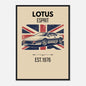 Vintage illustration of a Lotus Esprit classic sports car in front of a distressed Union Jack flag.