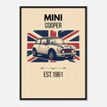 Vintage-style illustration of a Mini Cooper classic car in front of a distressed Union Jack flag.