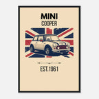 Vintage-style illustration of a Mini Cooper classic car in front of a distressed Union Jack flag.