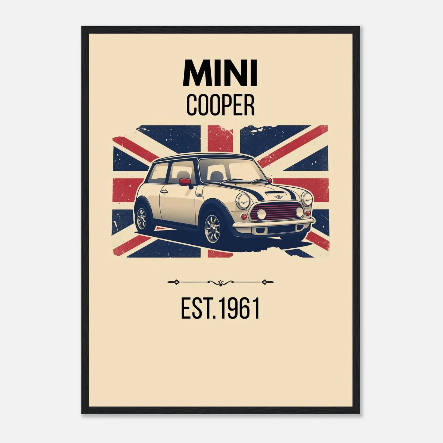 Vintage-style illustration of a Mini Cooper classic car in front of a distressed Union Jack flag.