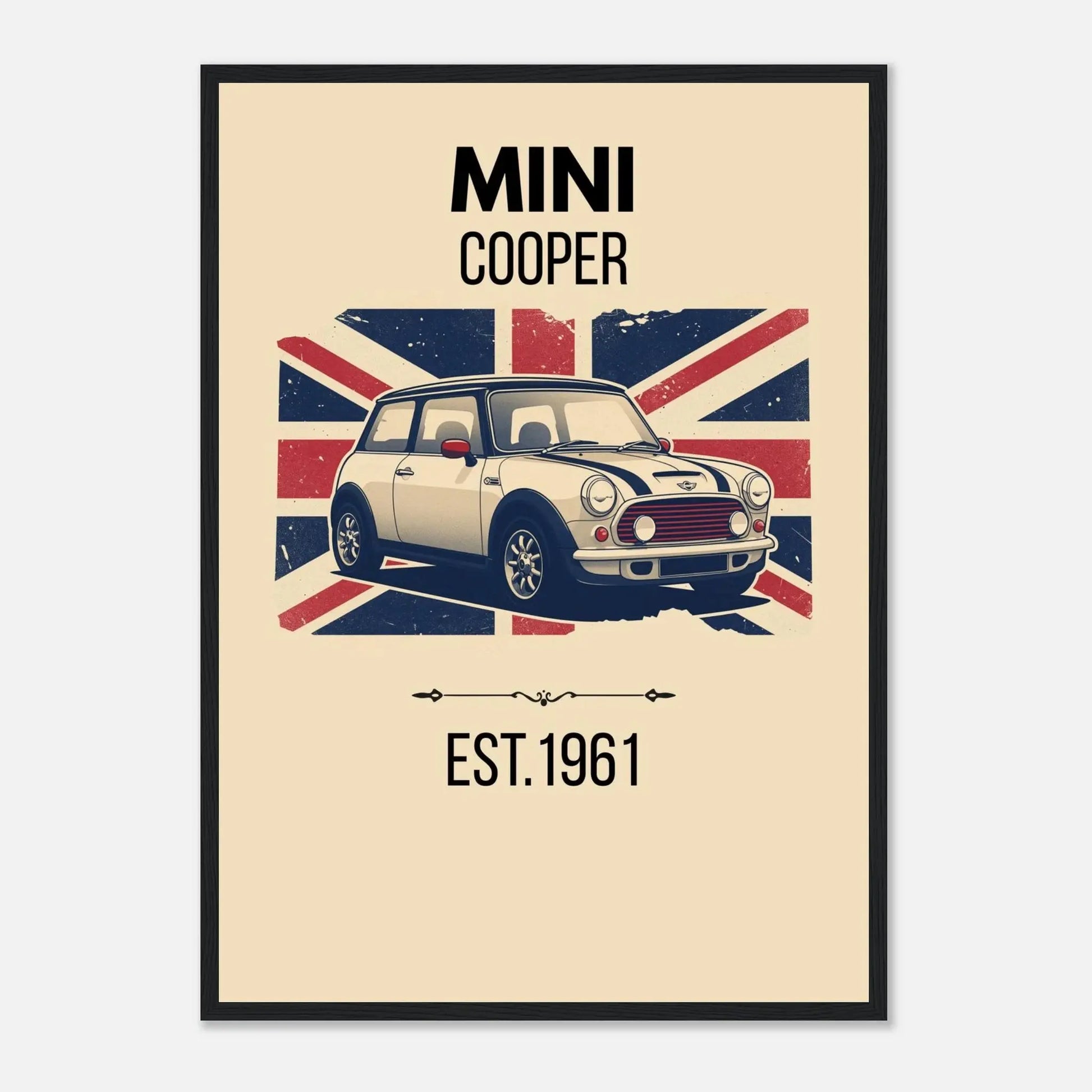 Vintage-style illustration of a Mini Cooper classic car in front of a distressed Union Jack flag.