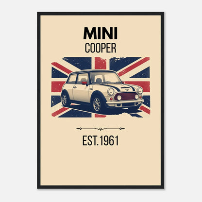 Vintage-style illustration of a Mini Cooper classic car in front of a distressed Union Jack flag.
