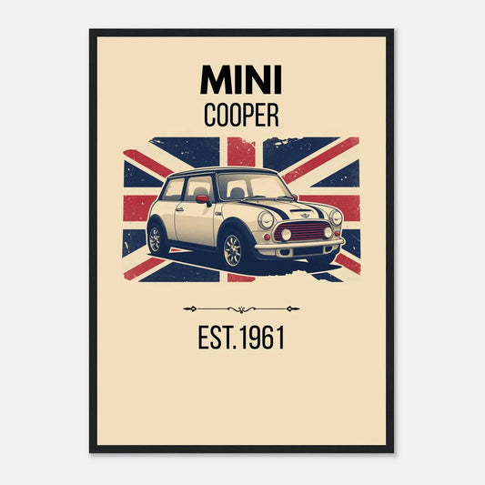 Vintage-style illustration of a Mini Cooper classic car in front of a distressed Union Jack flag.