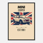 Vintage-style illustration of a Mini Cooper classic car in front of a distressed Union Jack flag.