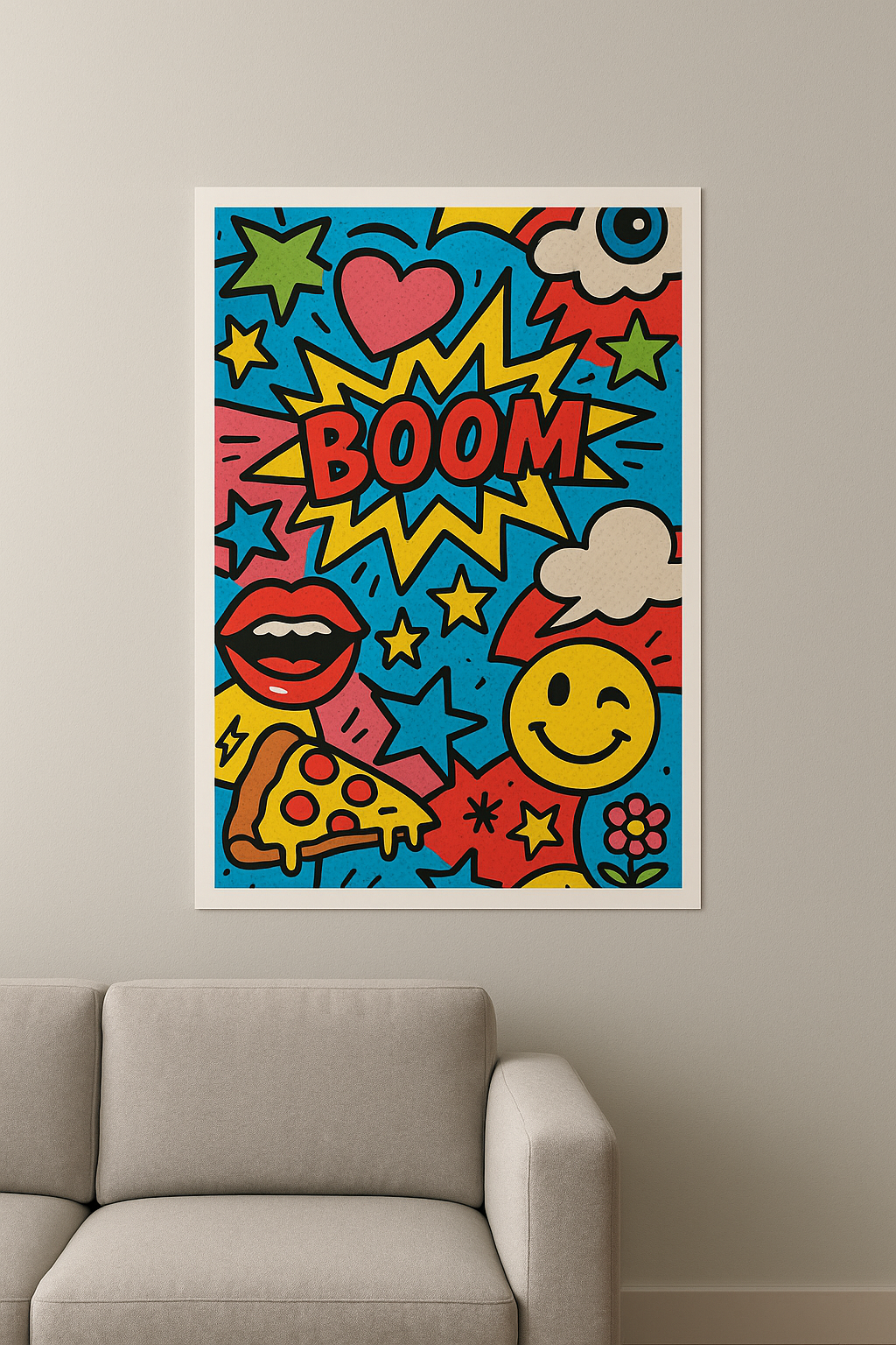 Retro Pop Art Poster – Bold Comic Wall Art with Lips, Pizza & Smiley
