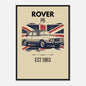 Premium Rover P6 framed print with vintage Union Jack backdrop. Ready-to-hang matte wall art for classic British car fans and Rover collectors.