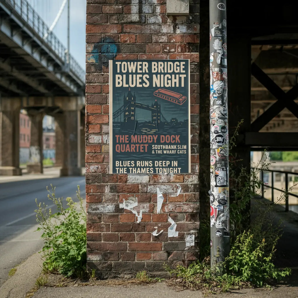 Tower Bridge Blues Night Fine Art Vintage Poster Print – London Music Wall Art Galeto