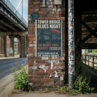 Tower Bridge Blues Night Fine Art Vintage Poster Print – London Music Wall Art