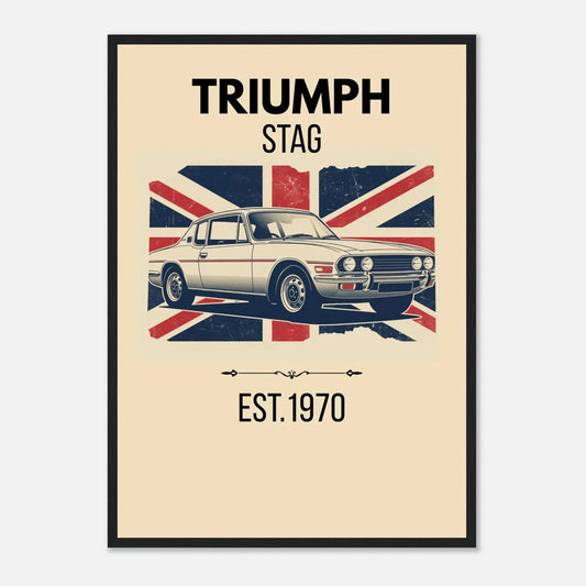 Vintage-style illustration of a Triumph Stag classic car in front of a distressed Union Jack flag.