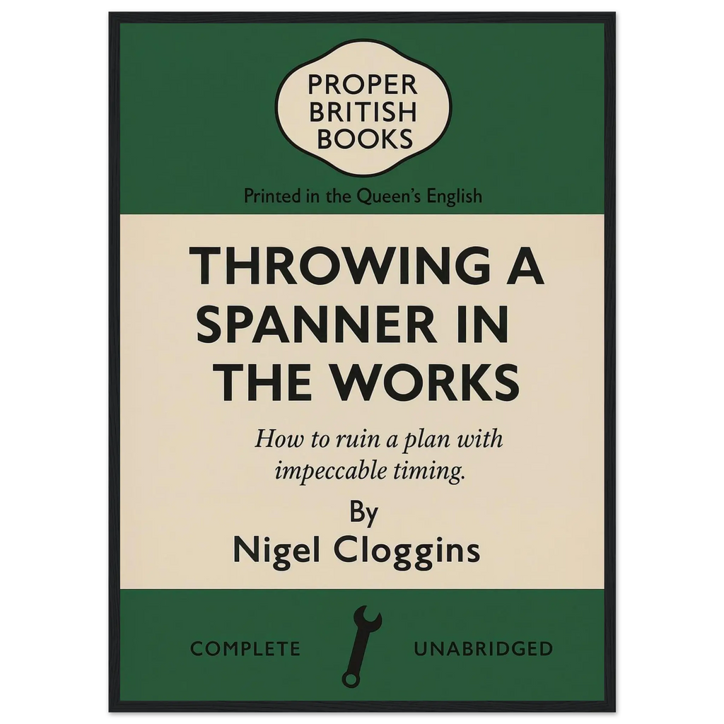 Throwing a Spanner in the Works – British Penguin Book Parody Framed Print - Randello