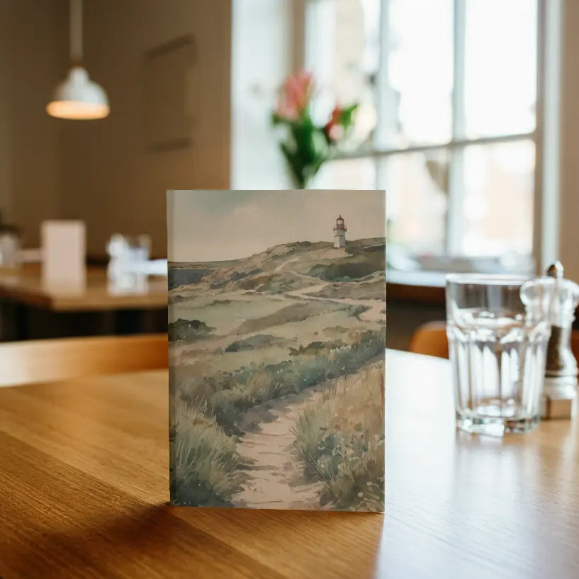 A5 journal hardback cover showing a watercolor style British coastal walking path with cliff view, sandy track and distant lighthouse — seaside landscape.