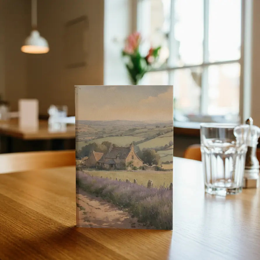 Watercolour illustration of a Cotswolds stone cottage, rolling hills, tree shade, and a lavender-lined country path on an A5 hardback journal cover.