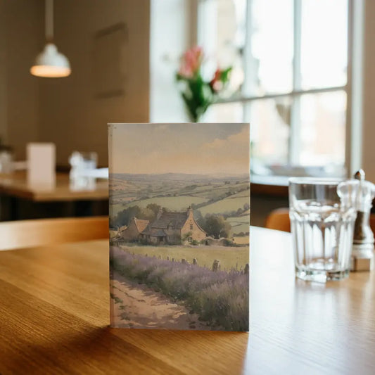 Watercolour illustration of a Cotswolds stone cottage, rolling hills, tree shade, and a lavender-lined country path on an A5 hardback journal cover.