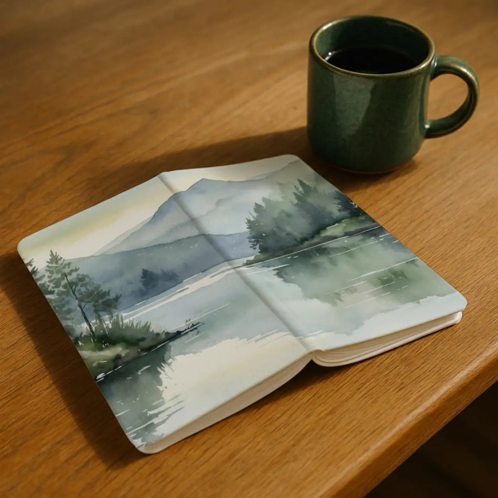 A5 hardback journal cover featuring a misty Lake District landscape with still water, pine trees, and soft mountain layers in a watercolour style.