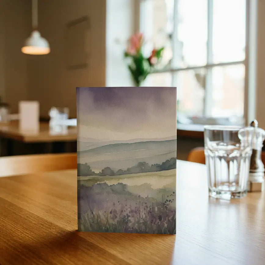 A5 hardback journal cover with a watercolour scene of misty British moorland hills, purple heather, rolling green valleys, and dramatic cloudy skies.