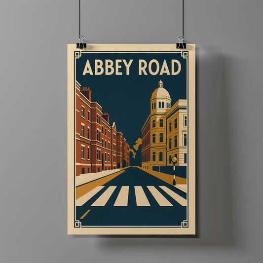 Stylised fine art illustration of Abbey Road crossing in London music poster style