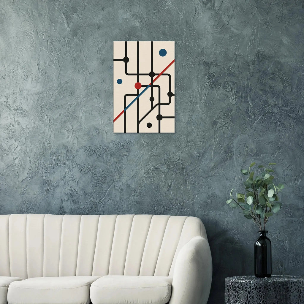 Abstract canvas wall art inspired by the London Underground, featuring black geometric lines with bold red and blue circles on a minimalist beige background.