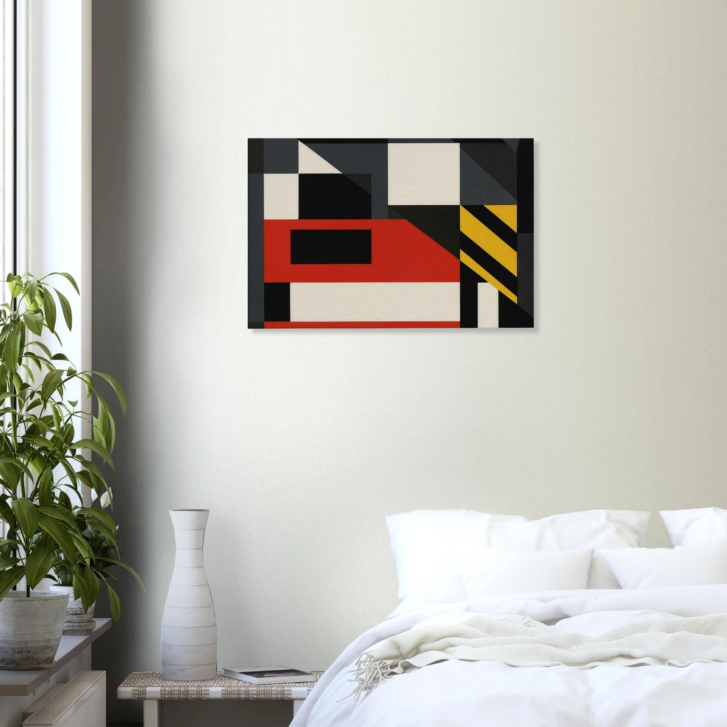 Abstract London Tube train canvas wall art featuring bold geometric shapes in red, black, cream, and yellow for a modern minimalist urban design.