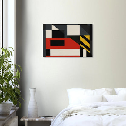 Abstract London Tube train canvas wall art featuring bold geometric shapes in red, black, cream, and yellow for a modern minimalist urban design.