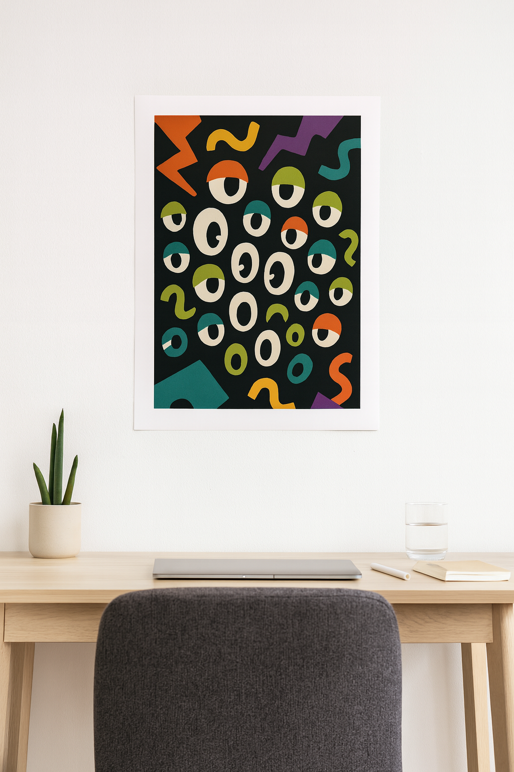 Abstract Pop Art poster featuring cartoon eyes, colorful zigzag and geometric shapes on a black background – 18x24 inch fine art print with white border.