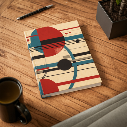 Abstract retro circles A5 lined journal with geometric red and teal circle design on wooden desk – 128 pages, 90gsm paper, vinyl-laminated cover notebook for writing and journaling.
