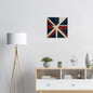 Modern abstract Union Jack canvas with navy, red, and cream geometric design outlined in gold