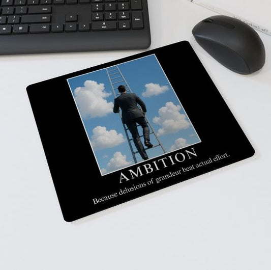 Mouse mat with the text “AMBITION – Because delusions of grandeur beat actual effort” showing a businessman climbing a ladder into the clouds — funny demotivational office desk accessory.