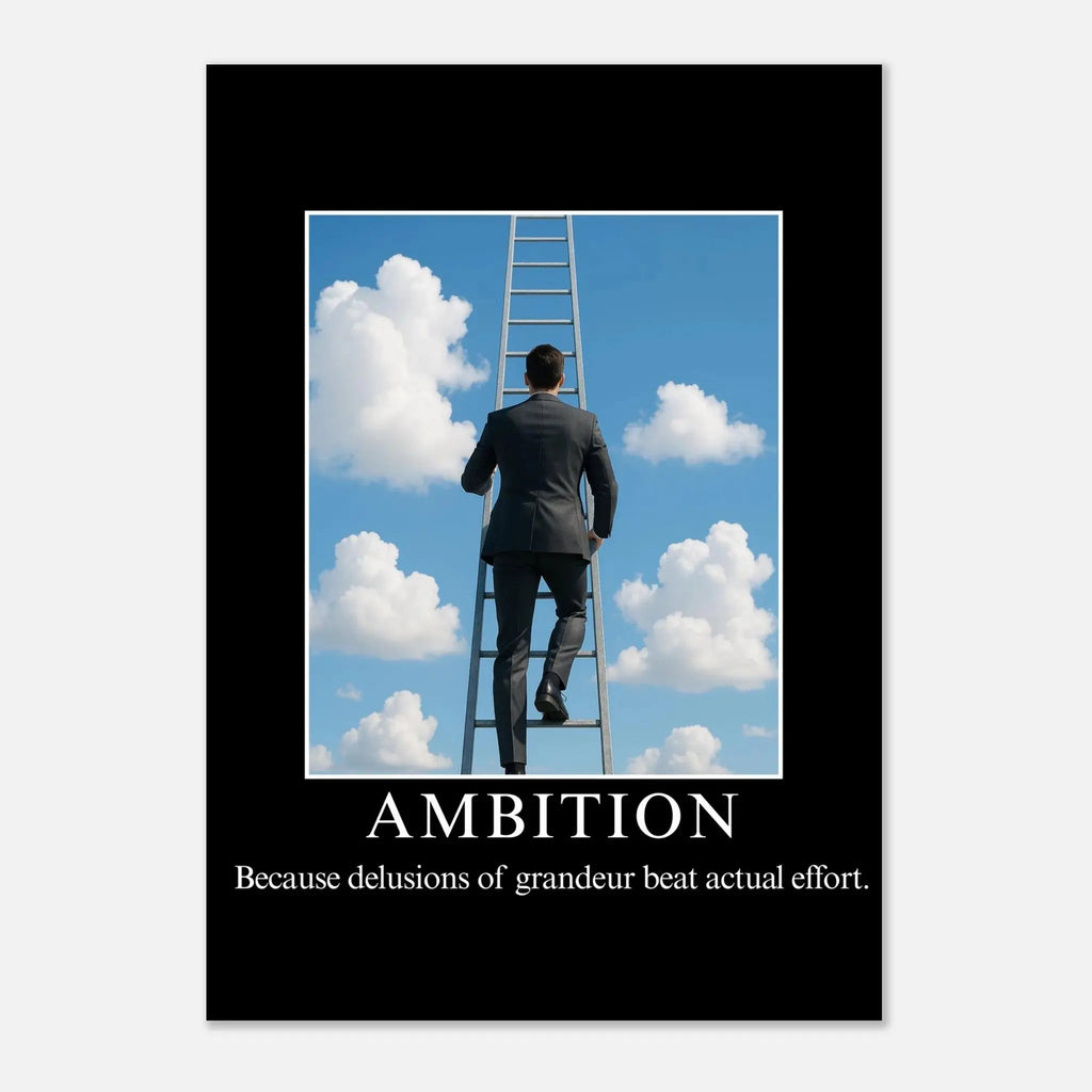 Ambition parody motivational poster with businessman climbing ladder into clouds, funny office wall art in matte finish.