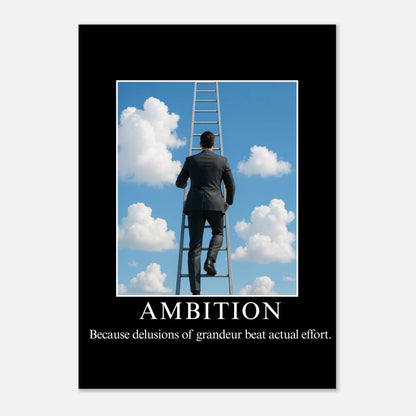 Ambition parody motivational poster with businessman climbing ladder into clouds, funny office wall art in matte finish.