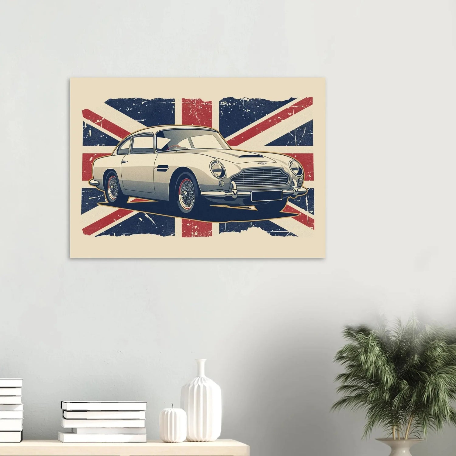 Retro illustrated Aston Martin DB5 classic grand tourer artwork with a distressed Union Jack background.