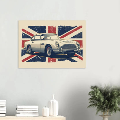 Retro illustrated Aston Martin DB5 classic grand tourer artwork with a distressed Union Jack background.
