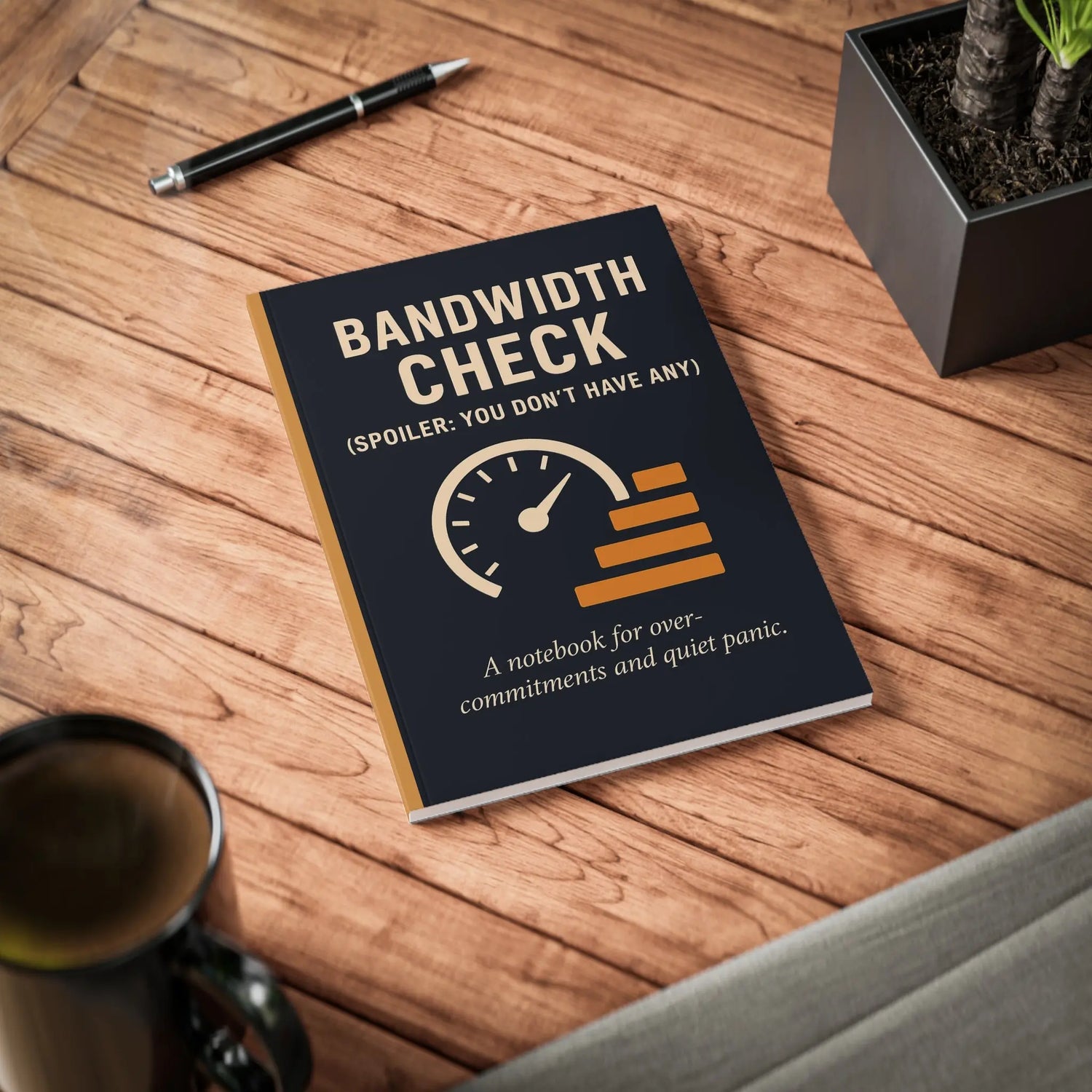 Bandwidth Check A5 Notebook with funny office humor cover – spoof corporate journal for overcommitments and quiet panic