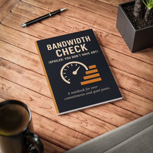 Bandwidth Check A5 Notebook with funny office humor cover – spoof corporate journal for overcommitments and quiet panic