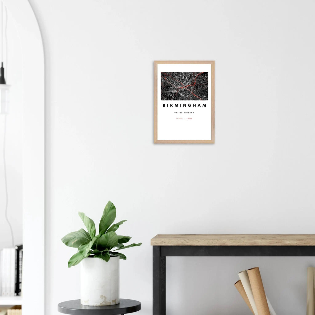 Birmingham city map wall art print in black, white, and red – framed and ready-to-hang modern poster decor for home or office