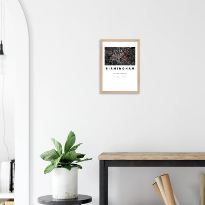 Birmingham city map wall art print in black, white, and red – framed and ready-to-hang modern poster decor for home or office
