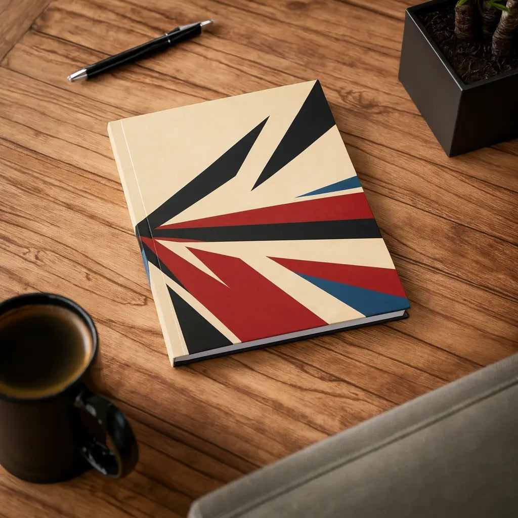 Bold Union Jack burst A5 lined journal with red, navy, and black geometric design on cream background – 128 pages, 90gsm paper, vinyl-laminated cover notebook for writing and journaling.