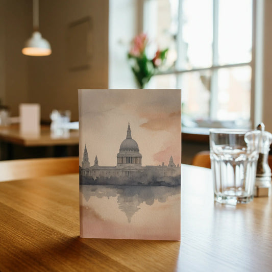 Watercolour London skyline with St Paul’s Cathedral reflected on calm water, soft sunrise tones, misty silhouettes, British-inspired Randello journal cover.