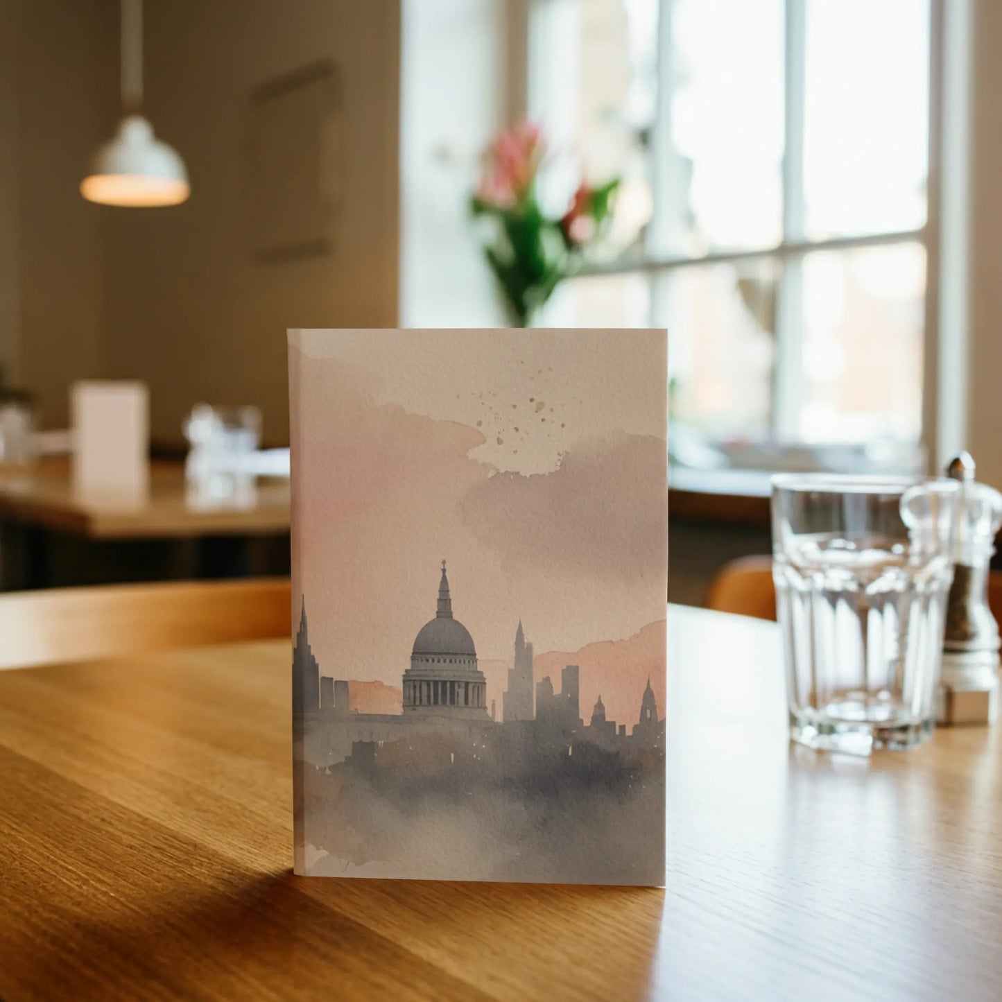 Watercolour London skyline journal cover featuring St Paul’s Cathedral and modern city silhouettes in warm sunrise tones, British-inspired Randello notebook design.