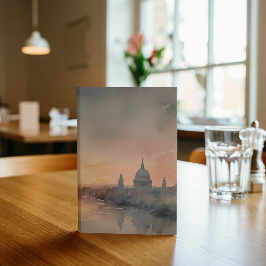 Watercolour London sunrise with the River Thames, St Paul’s Cathedral, bridge silhouettes and warm glowing sky, featured on a British-inspired Randello journal cover.