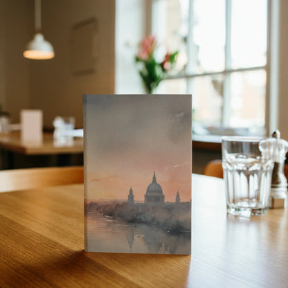 Watercolour London sunrise with the River Thames, St Paul’s Cathedral, bridge silhouettes and warm glowing sky, featured on a British-inspired Randello journal cover.