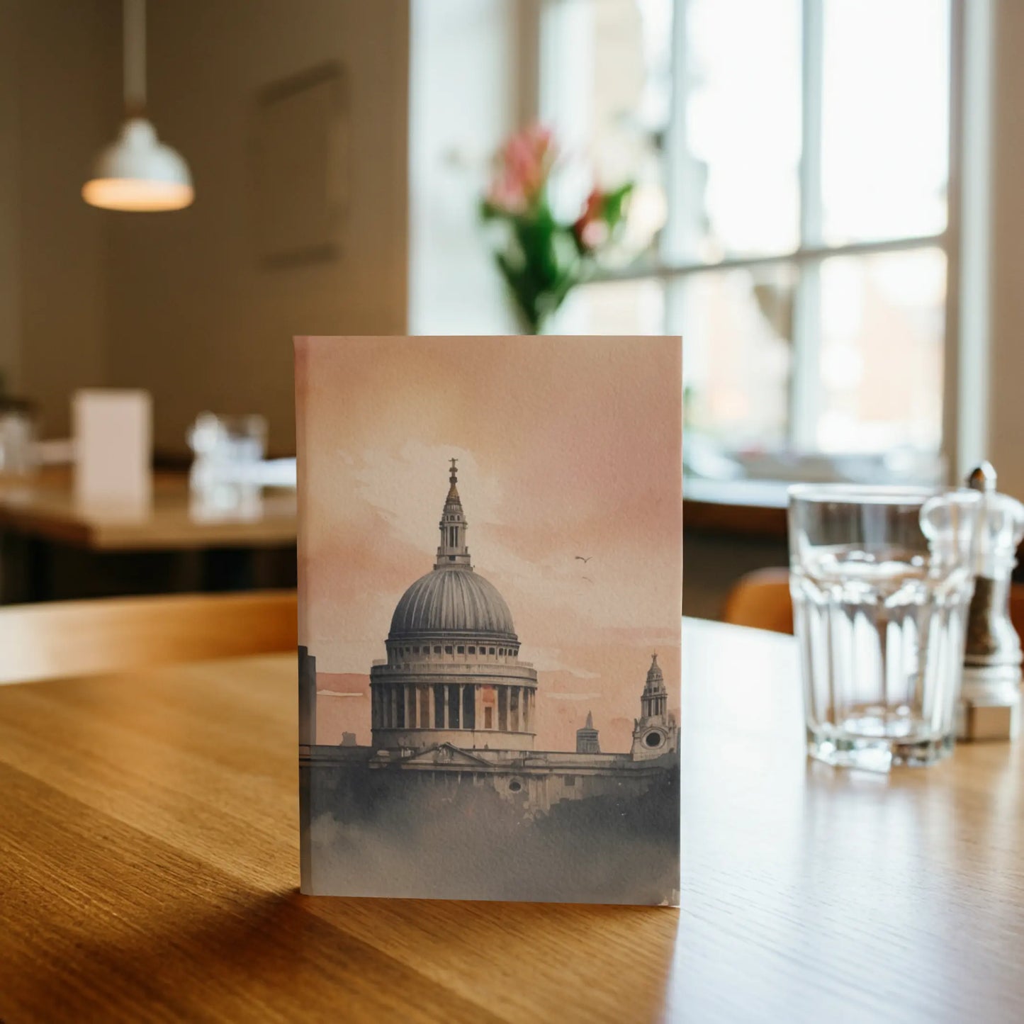 Watercolour illustration of St Paul’s Cathedral at sunrise with soft pastel clouds and London skyline silhouettes, featured on a British-inspired Randello journal cover.