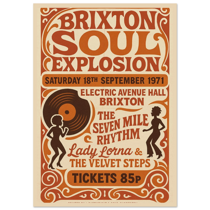Brixton Soul Explosion 1971 vintage poster print – London soul music wall art with vinyl record and retro dancers