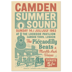 Camden Summer Sound 1963 vintage poster print – retro London music festival wall art with guitar, scooters, and Camden Lock design
