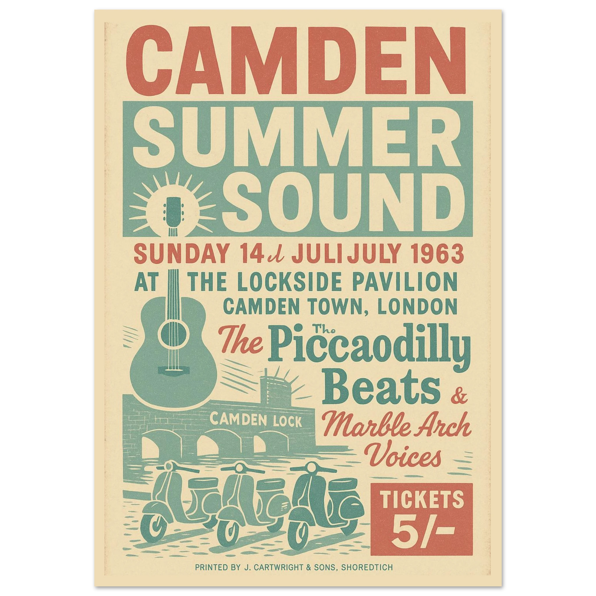 Camden Summer Sound 1963 vintage poster print – retro London music festival wall art with guitar, scooters, and Camden Lock design