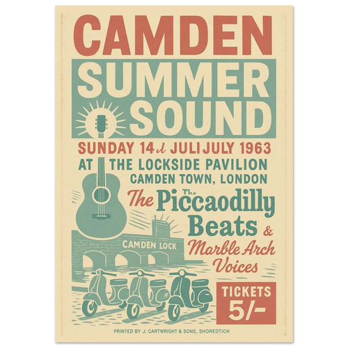 Camden Summer Sound 1963 vintage poster print – retro London music festival wall art with guitar, scooters, and Camden Lock design