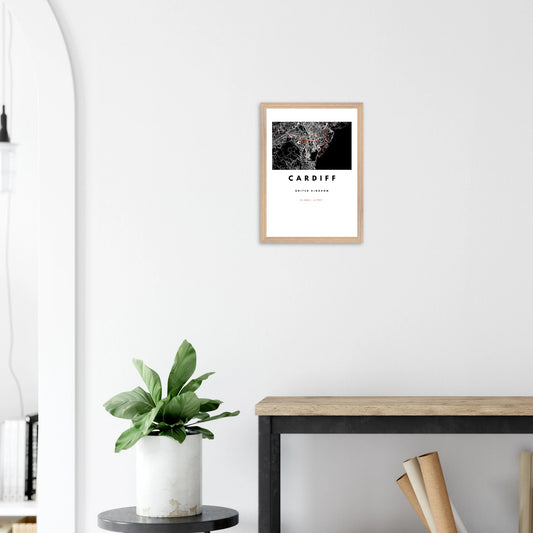 Cardiff city map wall art print in black, white, and red – framed and ready-to-hang modern poster decor for home or office