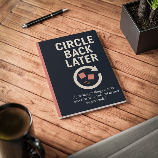 A5 notebook with the text “Circle Back Later” and a circular arrow graphic, featuring the tagline “A journal for things that will never be actioned — but at least we pretended,” perfect for corporate humor and office stationery.