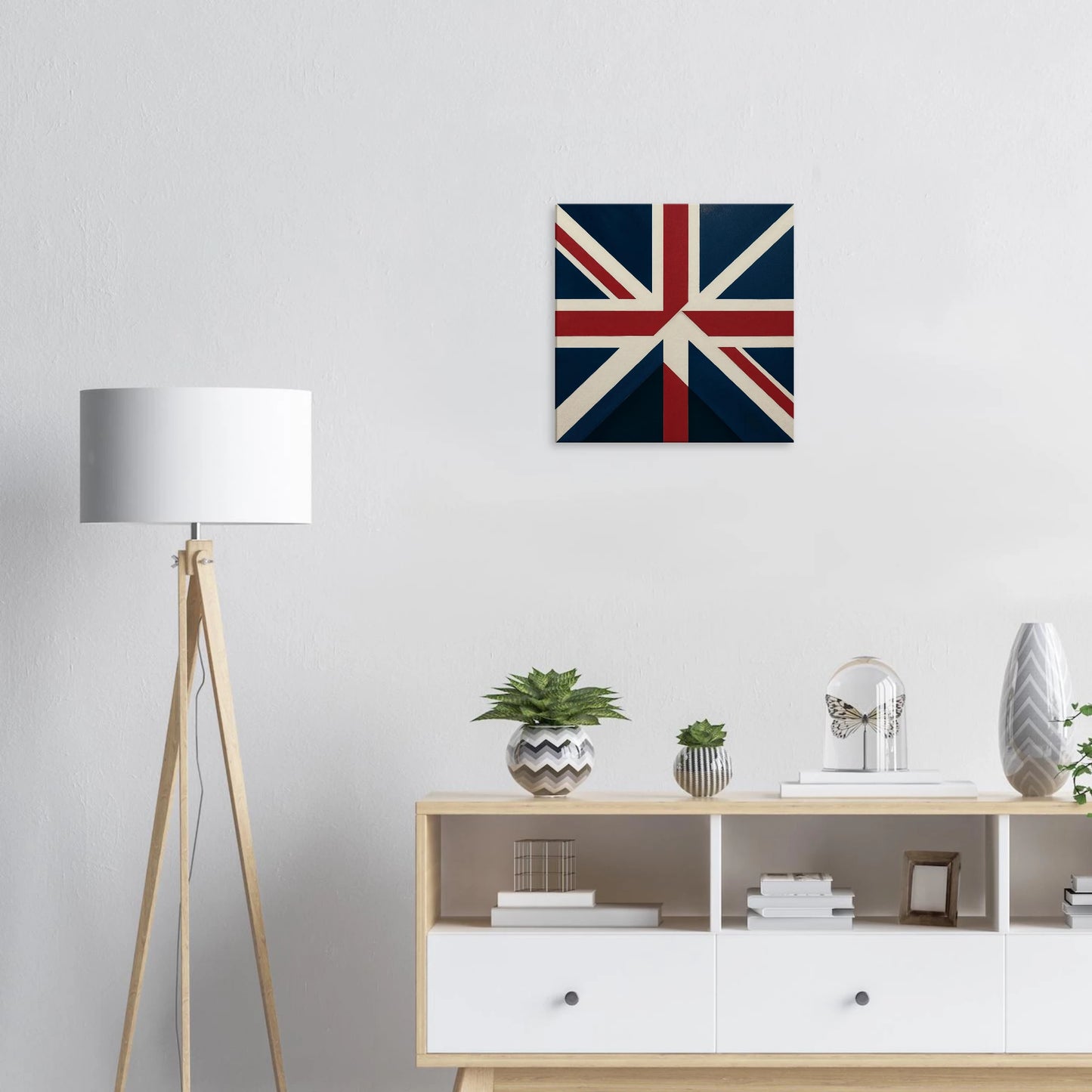 Classic Union Jack canvas wall art in navy, red, and cream geometric design
