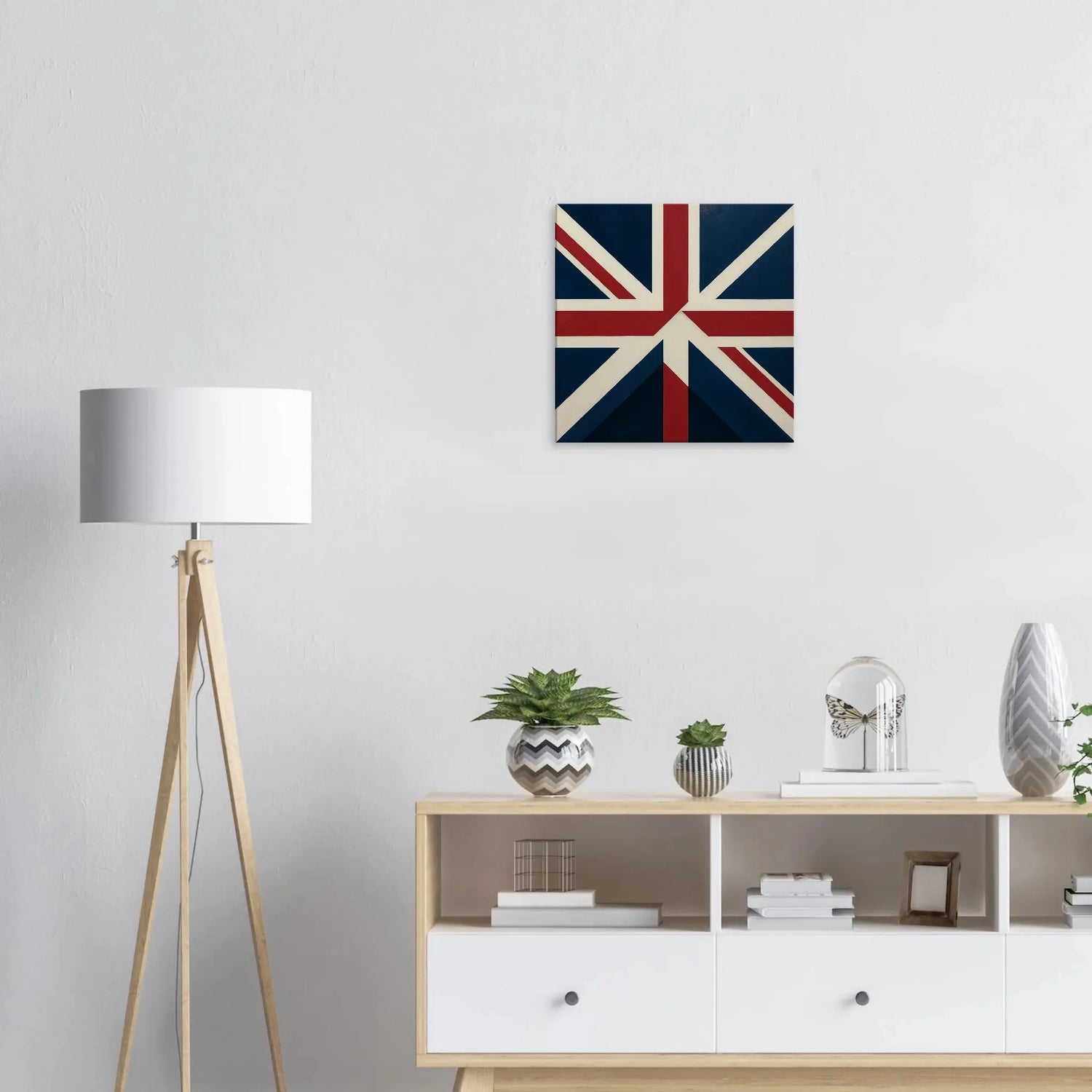 Classic Union Jack canvas wall art in navy, red, and cream geometric design