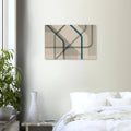 Contemporary abstract canvas wall art with overlapping blue and grey geometric lines on a beige background, minimalist modern design.